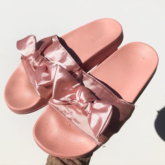 Baby Pink Silk Bow Satin Slides - Picture 3 of 7